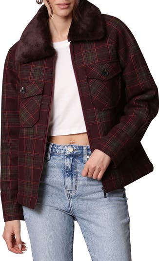 Avec Les Filles Plaid Zip Trucker Jacket with Faux Fur Trim