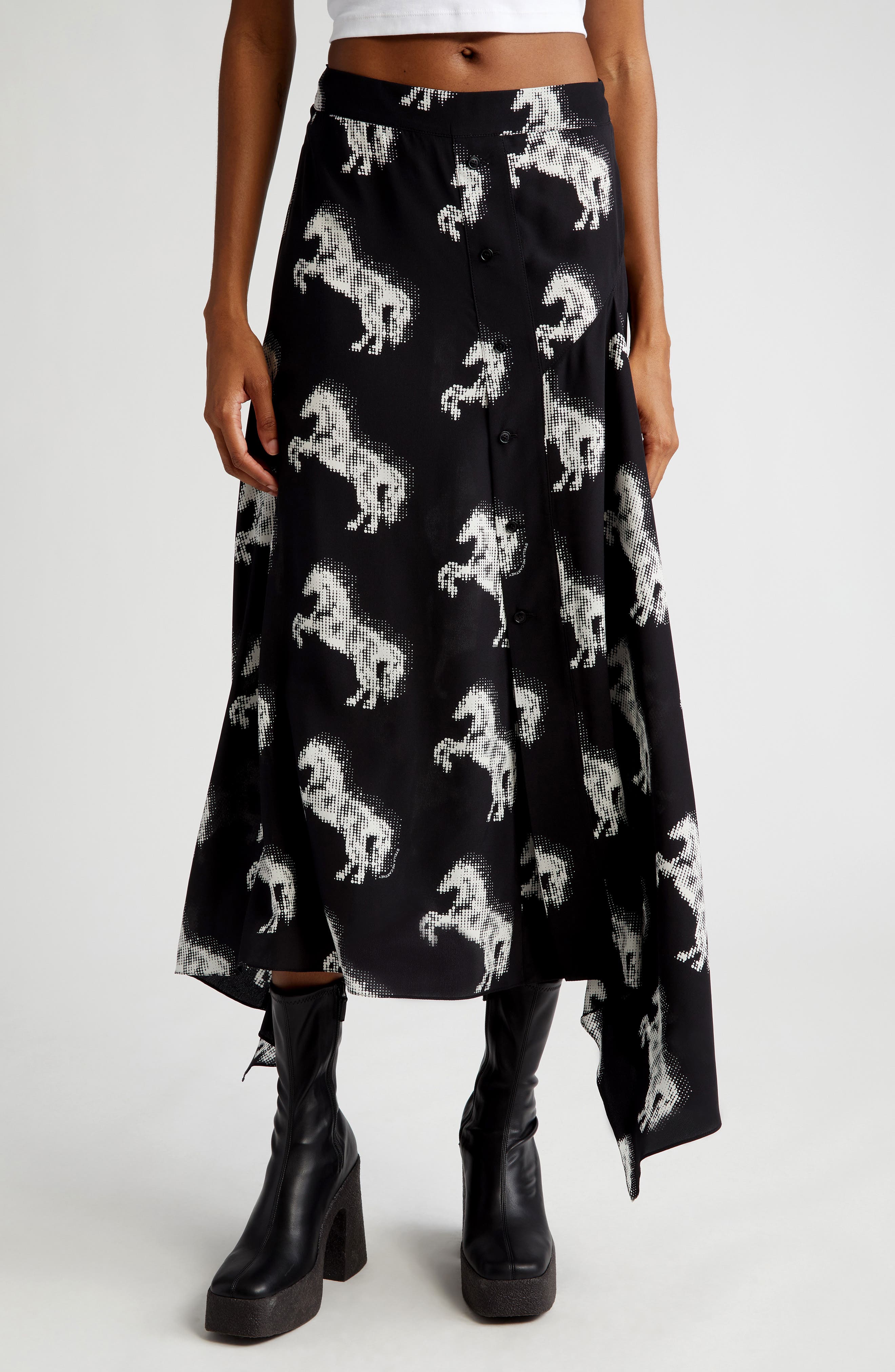 Stella McCartney Pixel Horse Print Handkerchief Hem Silk Skirt in 8524  White/black | Smart Closet