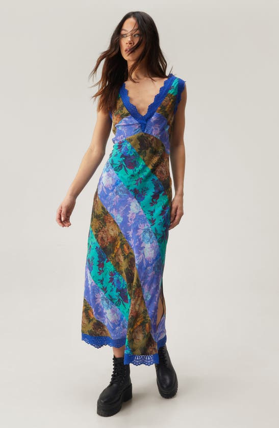 Nasty Gal Mixed Floral Print Lace Trim Midi Dress In Blue