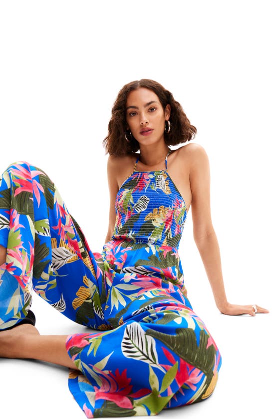 Shop Desigual Tropical Halter Neck Jumpsuit In Blue