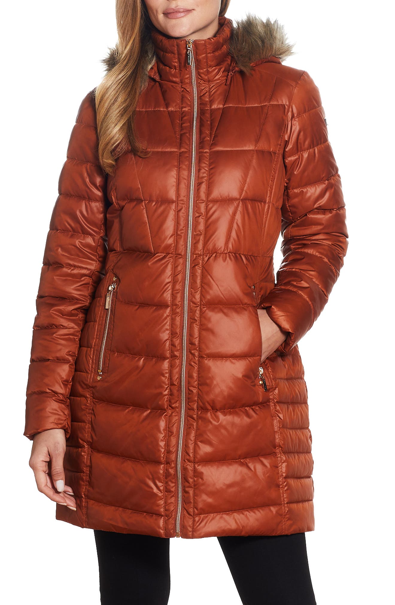 long orange puffer coat