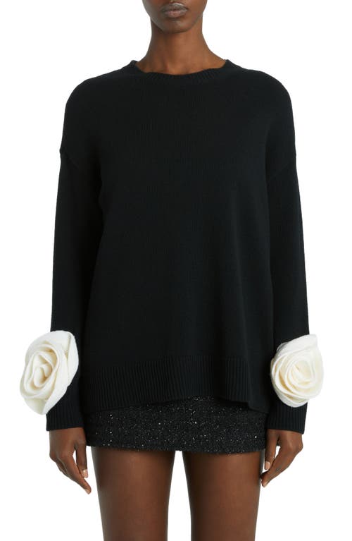 Valentino Garavani Rose Cuff Virgin Wool Sweater in Nero/Avorio at Nordstrom, Size Large