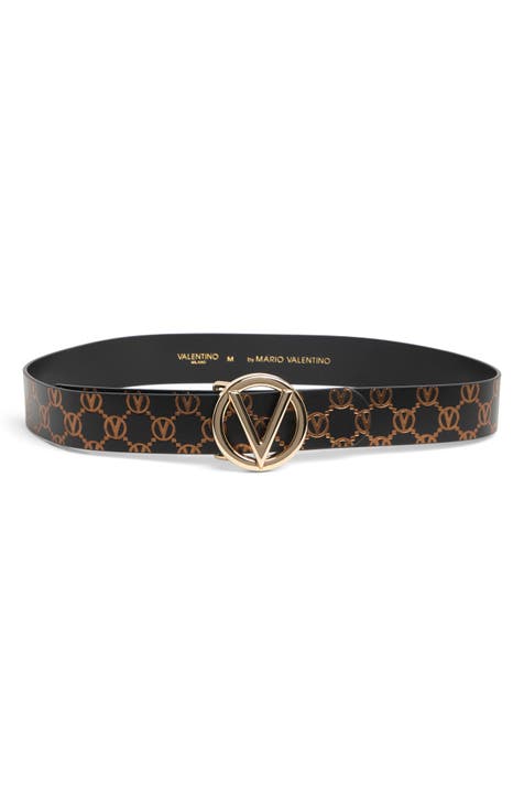 Valentino+By+Mario+Valentino+Giusy+Goldtone+Metal+V-Logo+Buckle+Black+Belt+S  for sale online