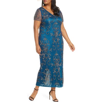 Plus Size Pisarro Nights V-Neck Beaded Mesh Column Gown, Blue