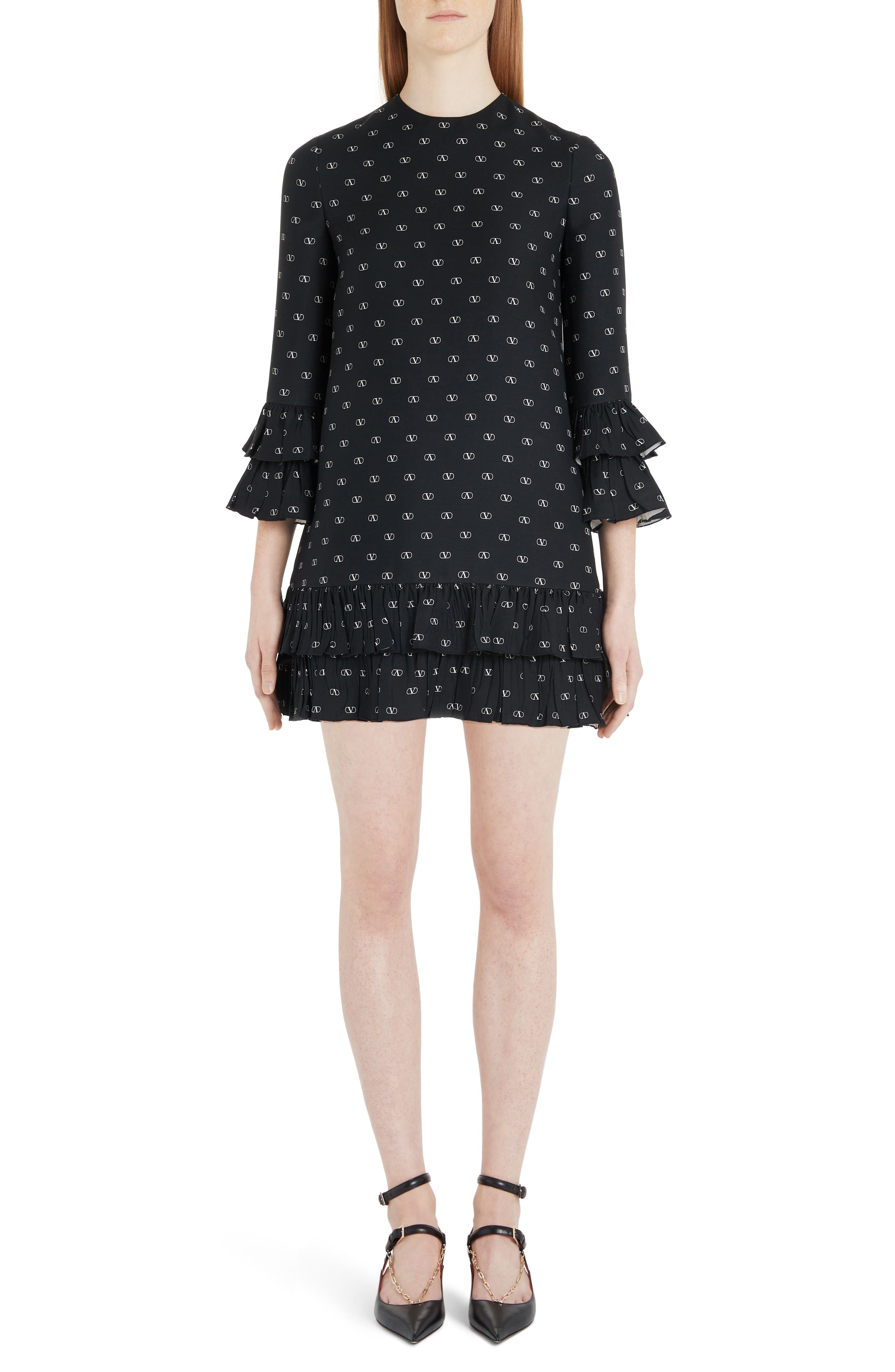 Valentino Logo Print Ruffle Trim Wool & Silk Minidress, 8 IT - Black