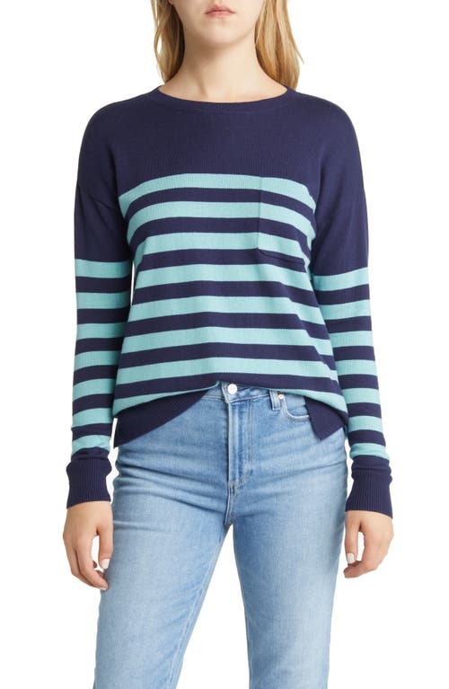 caslon(r) Women's Rugby Stripe Pocket Sweater in Navy- Teal Nile Combo