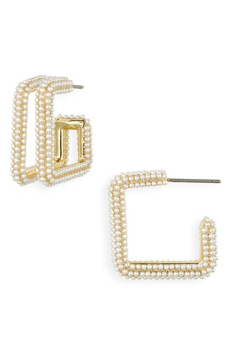 Square Two Row Micro Pearl Hoop Earrings