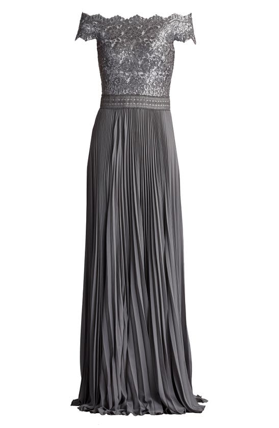 Tadashi Shoji Plus Size Off-shoulder Pleated Sequin Lace Gown In Mist