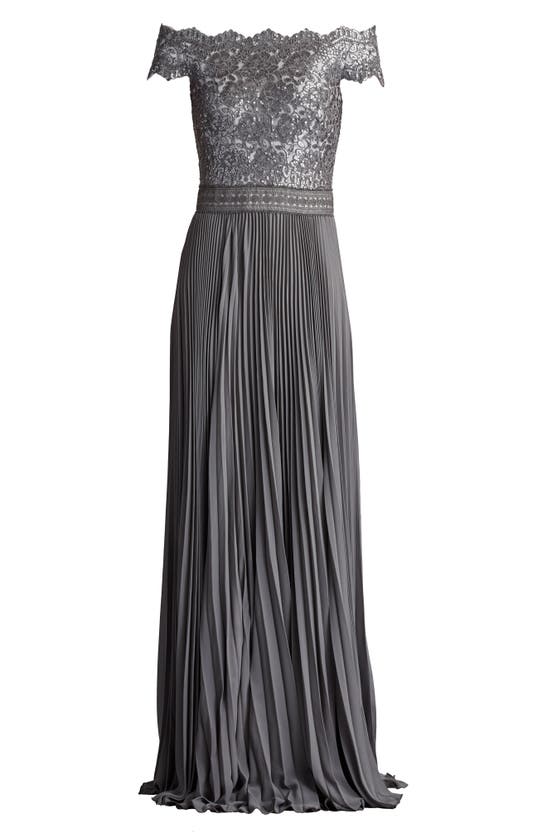 Shop Tadashi Shoji Off The Shoulder Sequin Lace Pleated Gown In Mist