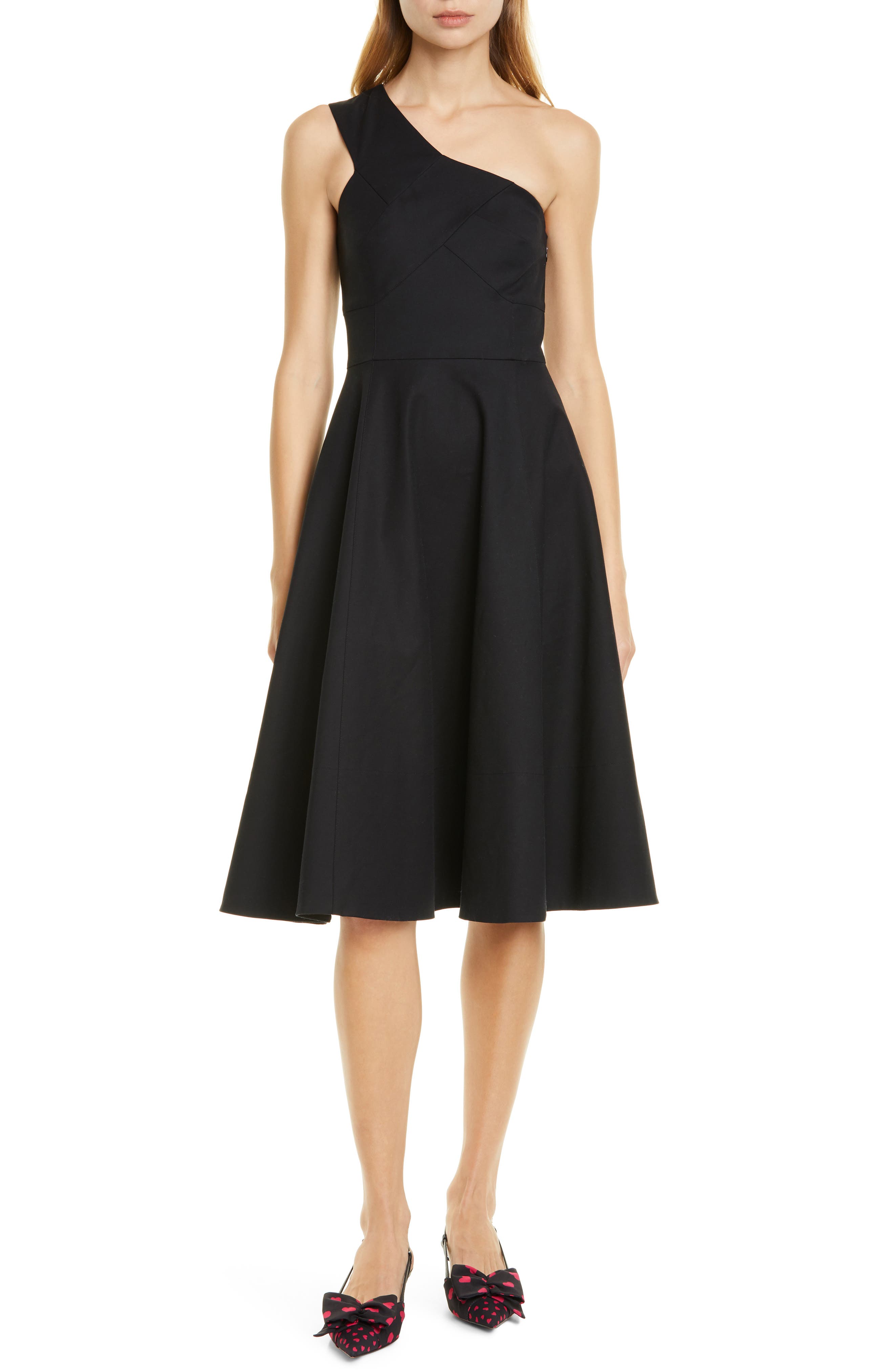 Kate Spade New York One-Shoulder Stretch Cotton Fit & Flare Dress, Black