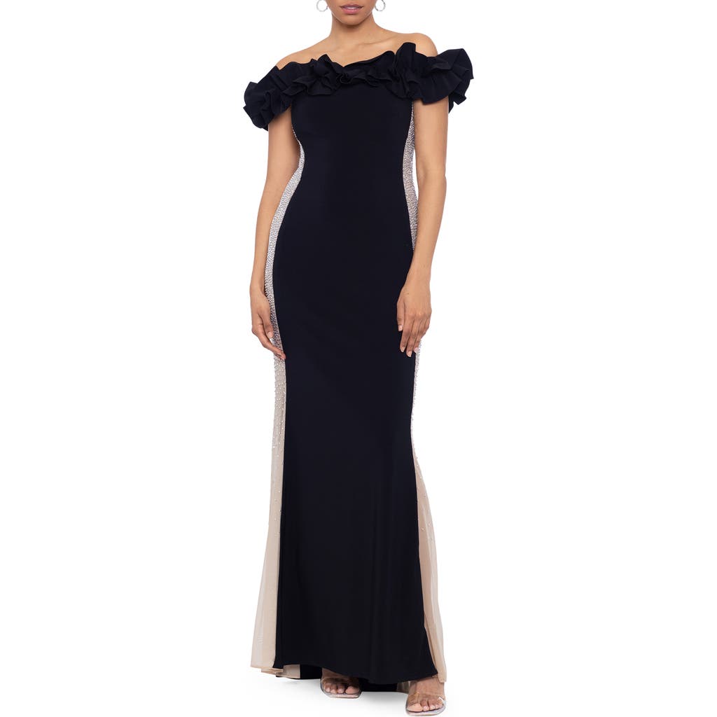 Xscape Evenings Off The Shoulder Mesh Contrast Gown In Black