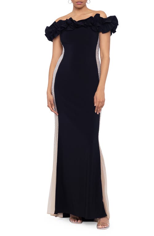 Xscape Evenings Off the Shoulder Mesh Contrast Gown Black/Silver at Nordstrom,