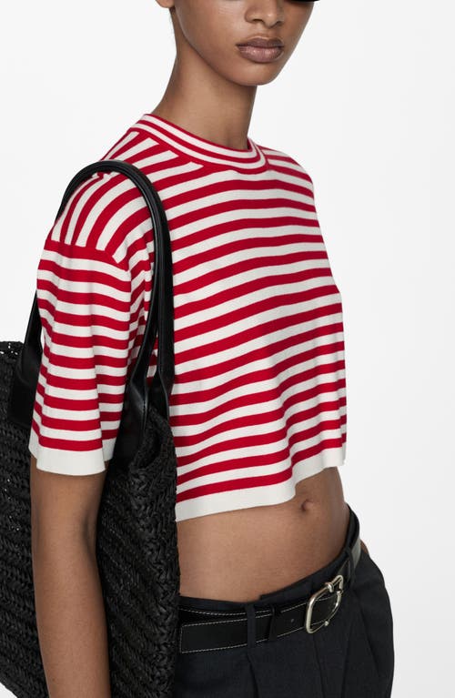 Shop Mango Stripe Short Sleeve Crop Sweater In Red