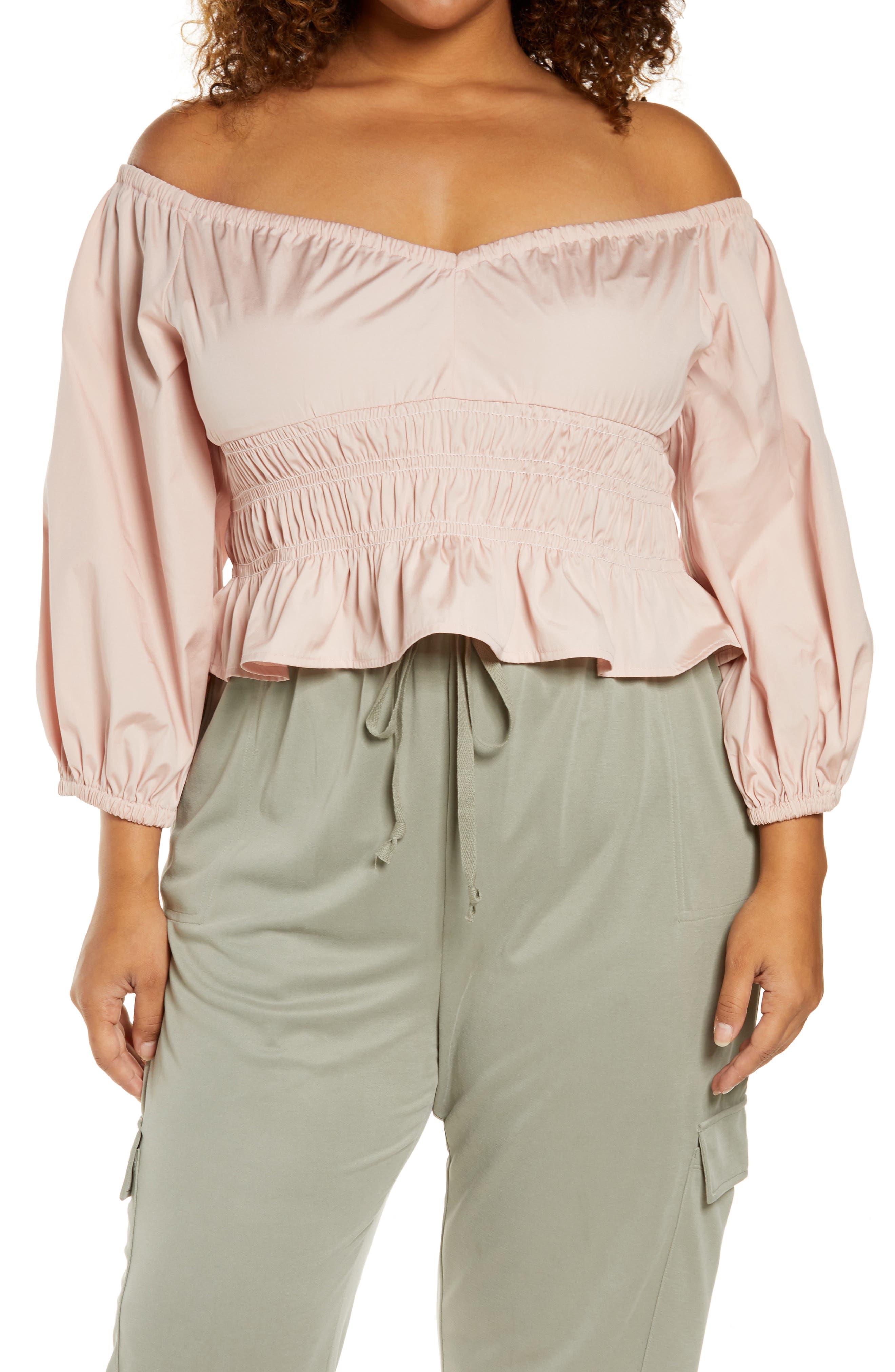 Plus size pink off the shoulder tops Clearance