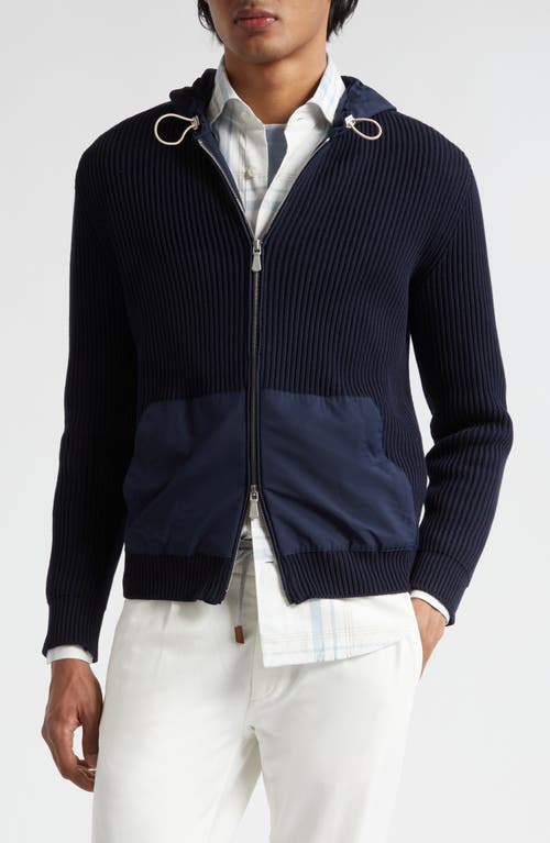 Eleventy Mixed Media Cotton Sweater Hoodie Blue at Nordstrom,