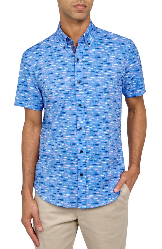Construct Slim Fit Fish Four-way Stretch Performance Short Sleeve Button-down Shirt In Blue