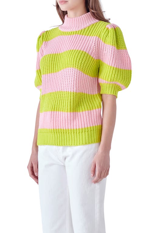 English Factory Stripe Puff Shoulder Mock Neck Sweater In Pink/green