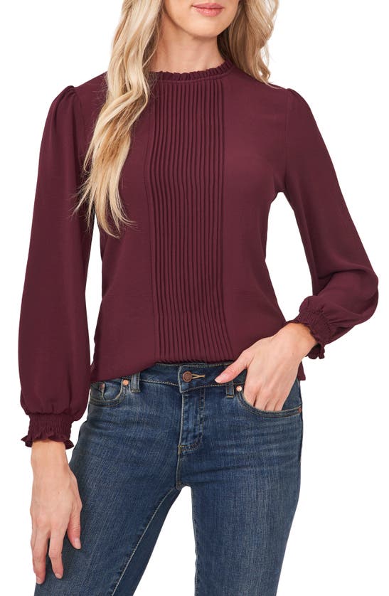 Shop Cece Pintucked Smocked Cuff Chiffon Top In Rich Cabernet