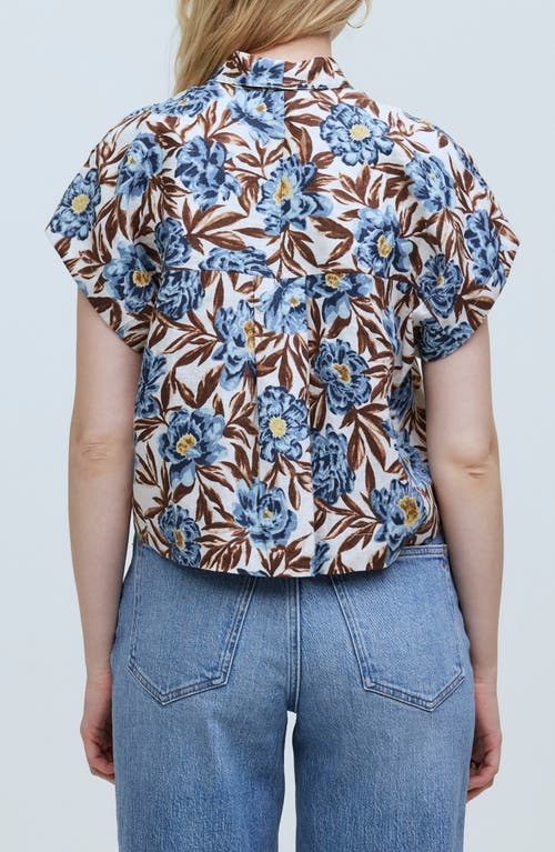 Madewell Floral Short Sleeve Linen Crop Button-up Shirt In Stonewash Blue