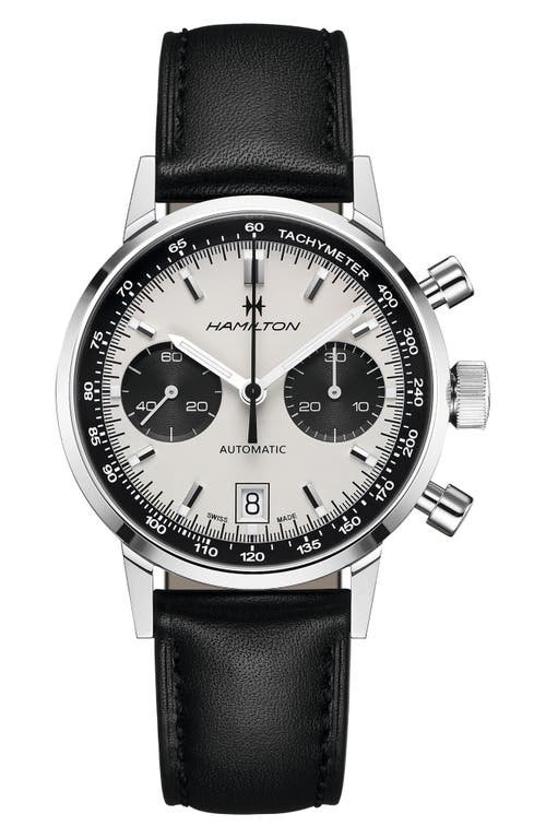Shop Hamilton American Classic Intra-matic Automatic Chronograph Leather Strap Watch, 40mm In Black/white/silver
