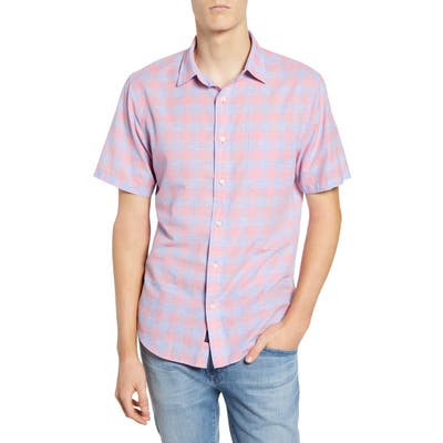 Faherty Regular Fit Check Short Sleeve Stretch Cotton & Linen Button-Up Sport Shirt, Red