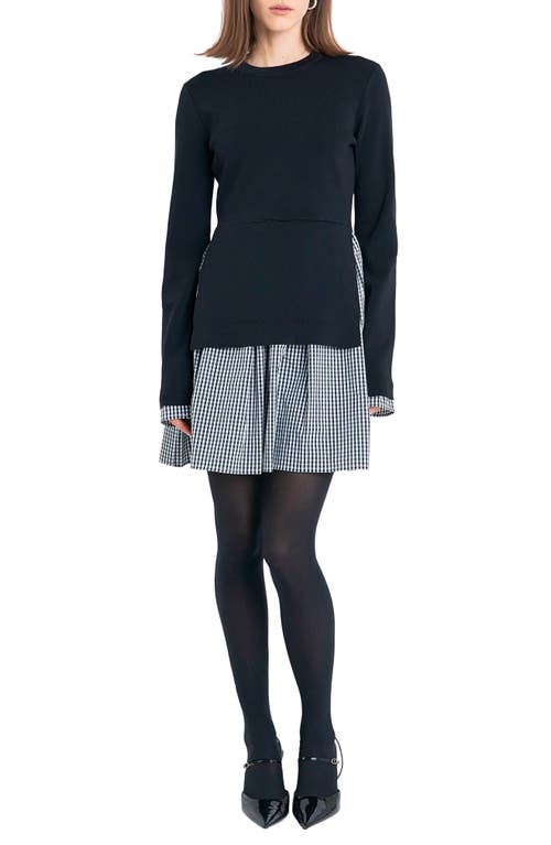 English Factory Mixed Media Long Sleeve Minidress In Black