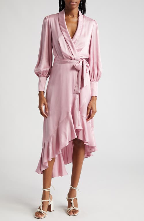 Zimmermann Long Sleeve Silk Wrap Midi Dress Pink at Nordstrom,