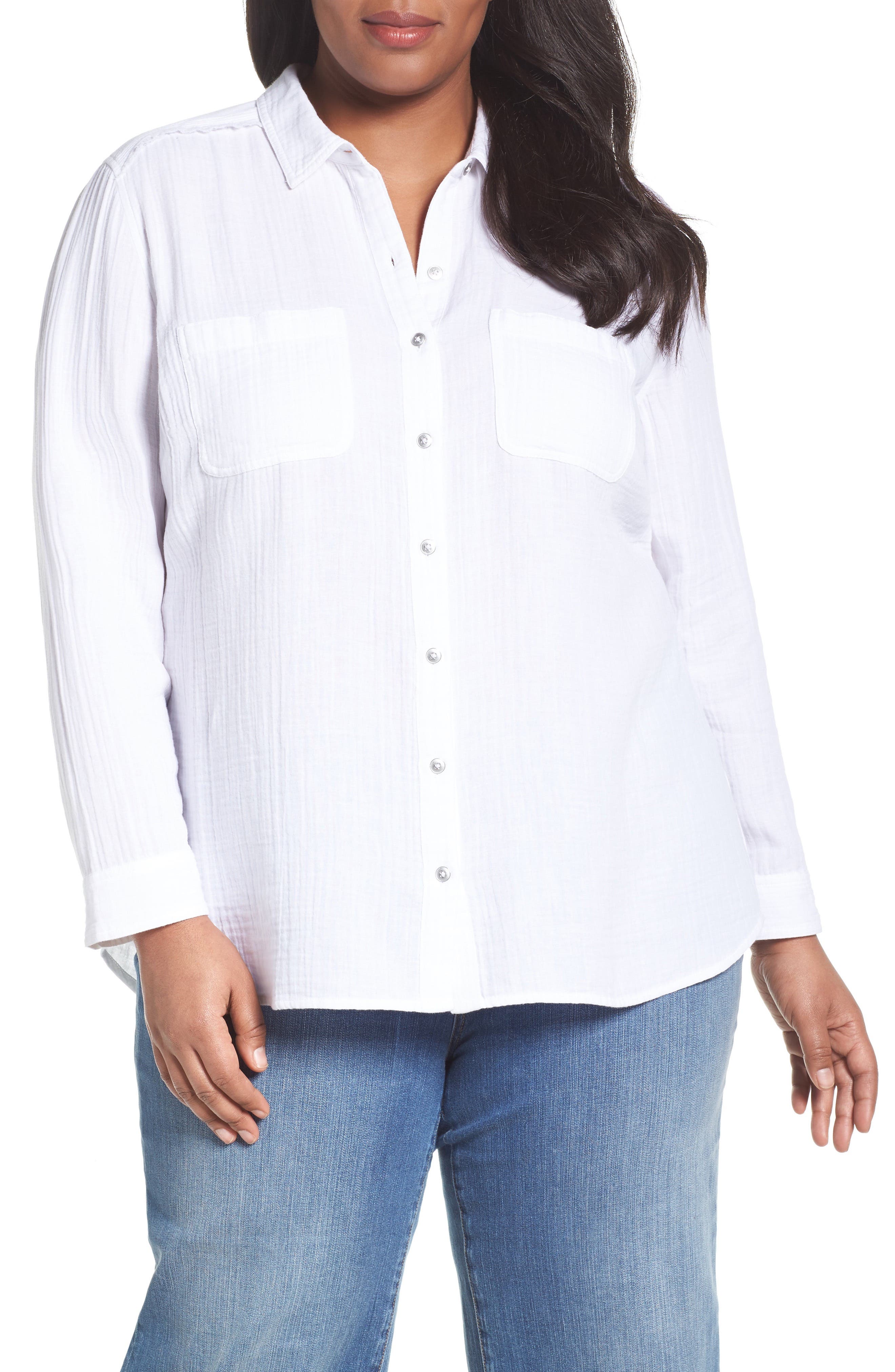 Caslon® Long Sleeve Crinkle Cotton Shirt (Plus Size) Nordstrom