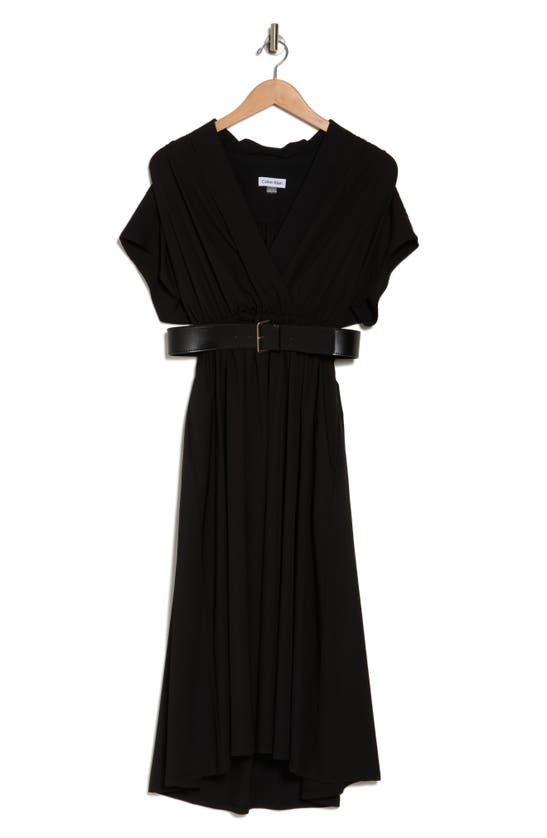 Calvin Klein Short Sleeve Belted Midi Dress In Black