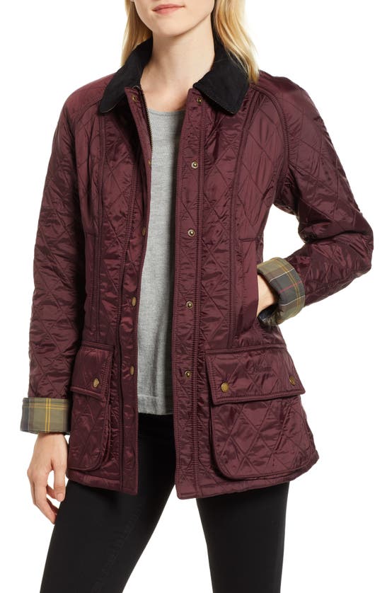 Barbour Beadnell Polarquilt Plaid-trim Utility Coat In Aubergine / Black