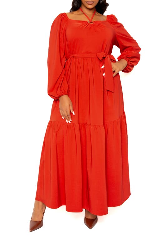 O-Ring Long Sleeve Tiered Maxi Dress in Rust