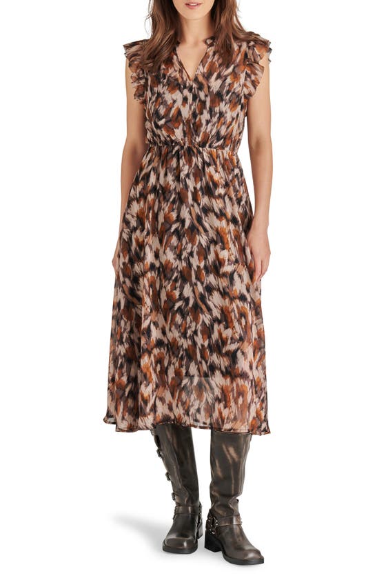 Steve Madden Women's Allegra Brushstrokes Printed Chiffon Midi Dress In Oak Buff