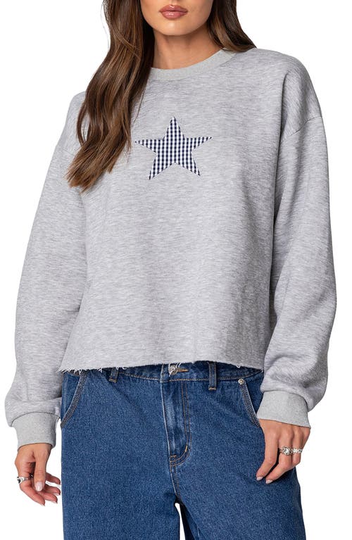 Shop Edikted Gingham Star Appliqué Raw Hem Sweatshirt In Gray-melange