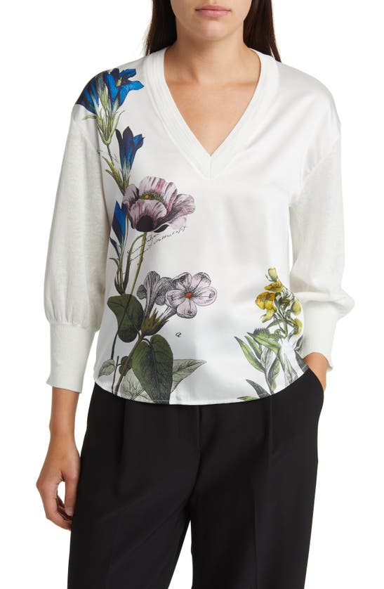 Ted Baker Raili Floral V-neck Graphic Sweatshirt In White