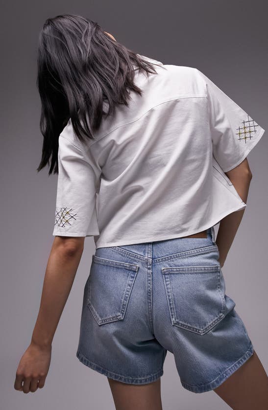 Topshop Embroidered Crop Cotton & Linen Shirt In White