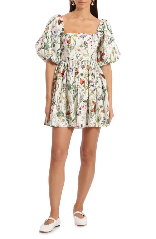 Avec Les Filles Floral Puff Sleeve Linen Blend Minidress Butterfly Flower at Nordstrom,