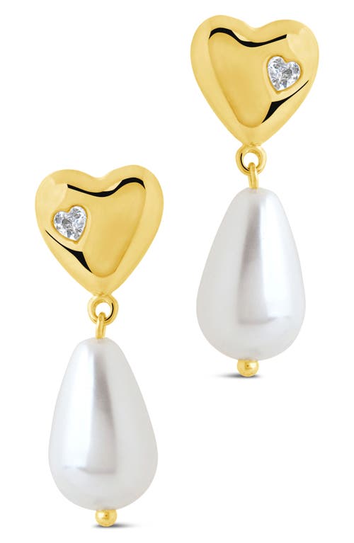 Sterling Forever Josephine Cz Heart & Faux Pearl Drop Earrings In Gold