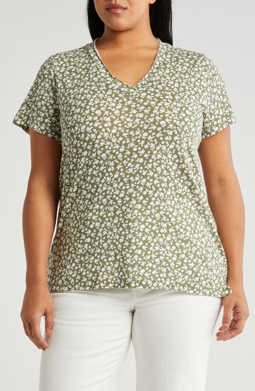 Caslonr Caslon(r) Short Sleeve V-neck T-shirt In Olive Burnt Floral Feels