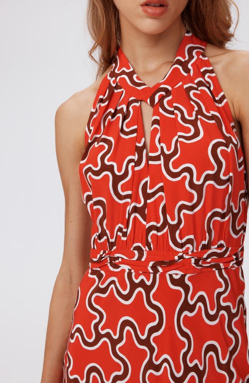 Shop Diane Von Furstenberg Nyck Abstract Print Halter Neck Midi Dress In Cloud Patch Red Sm