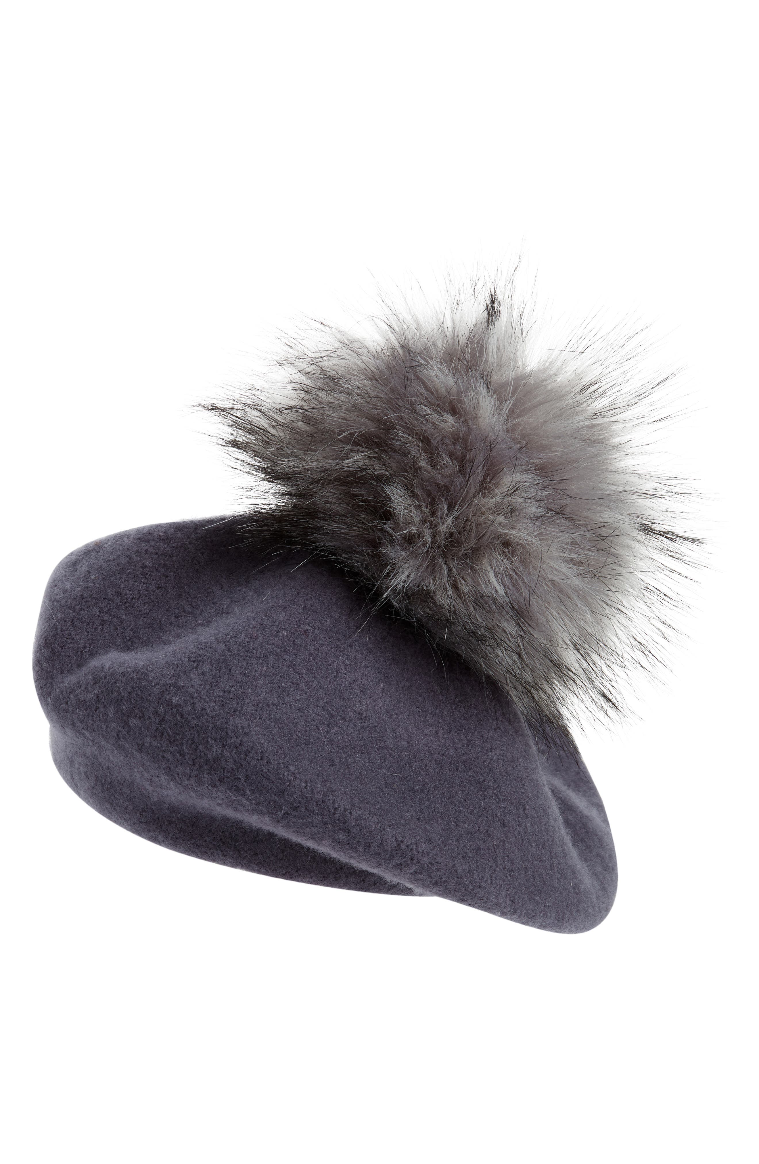 Kyi Kyi Wool Beret with Faux Fur Pom in Black/Black at Nordstrom