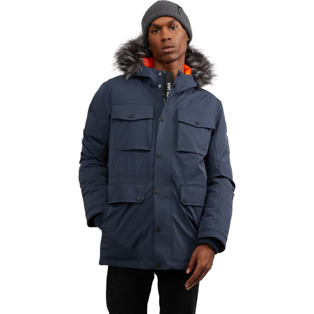 Pajar Soren Mid Length Parka with Fixed Hood and Detachable Faux Fur in Navy