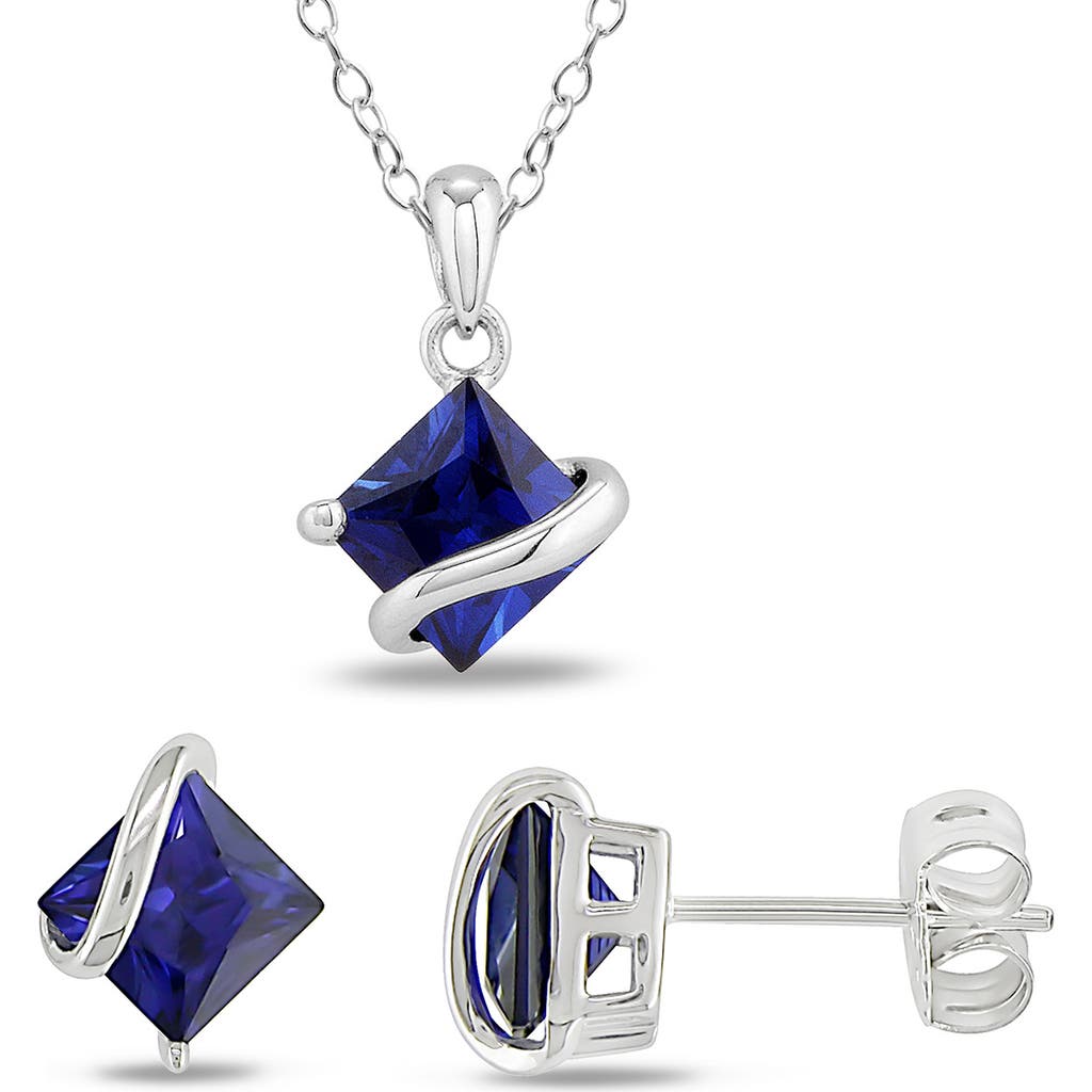 Delmar Lab-grown Blue Sapphire Stud Earrings & Necklace Set In Blue