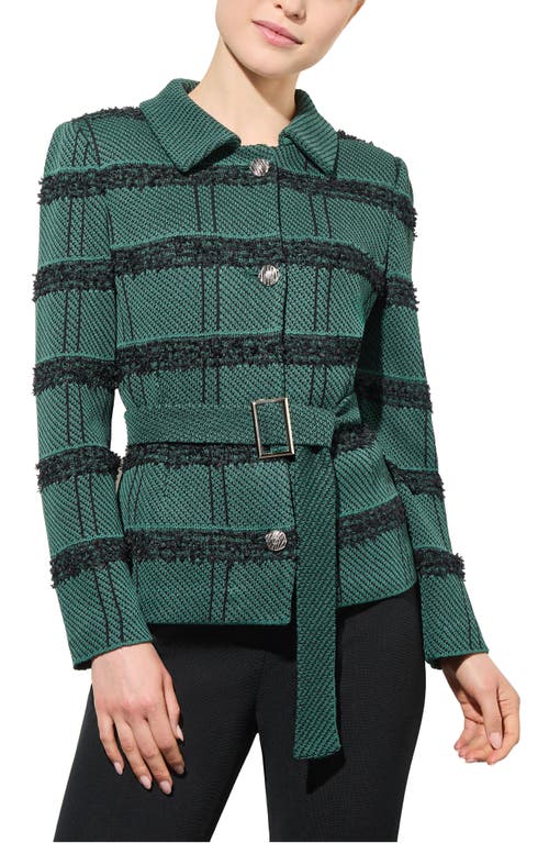 Shop Ming Wang Stripe Belted Tweed Blazer In Green/black