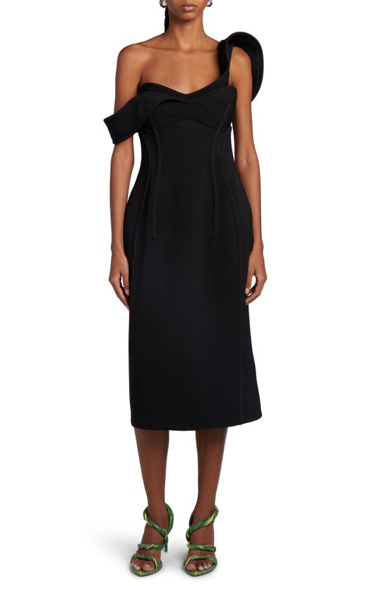Bottega Veneta One-shoulder Bonded Wool Tricotine Midi Dress In Black
