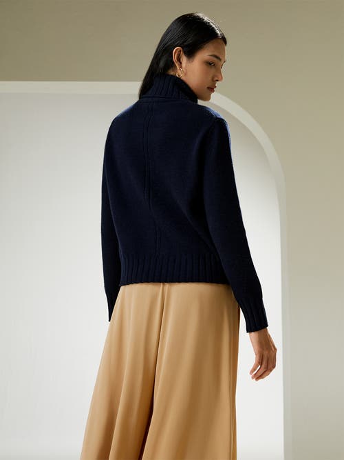 Shop Lilysilk Turtleneck Sweater With Rib Hemline In Navy