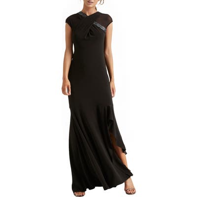 Halston Heritage Crossover Embellished Asymmetrical Gown, Black
