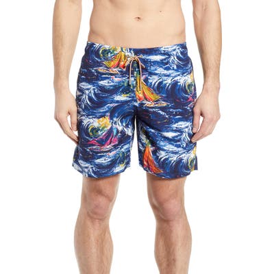 Bugatchi Print Swim Trunks, Blue