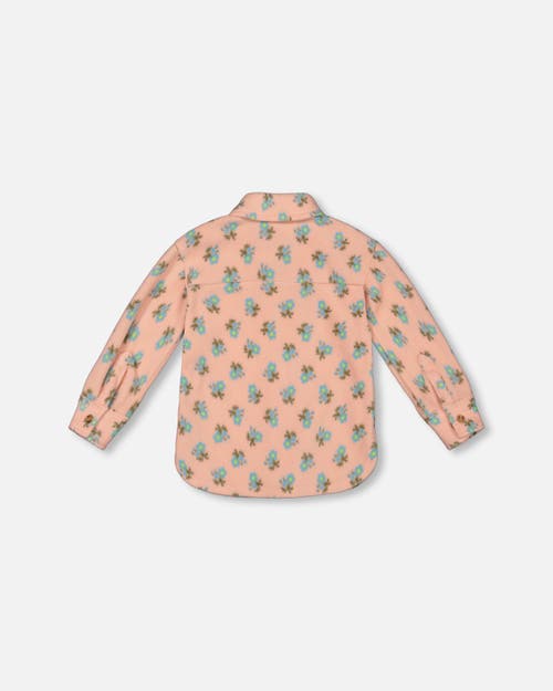 Deux Par Deux Little Girl's Printed Polar Fleece Shirt Peach With Blue Flowers In Printed Flowers