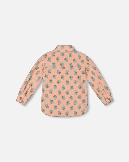 Shop Deux Par Deux Girl's Printed Polar Fleece Shirt Peach With Blue Flowers In Printed Flowers