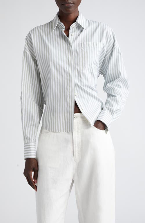 Brunello Cucinelli StriepMonili Trim Cotton & Silk Poplin Button-Up Shirt White/Green at Nordstrom,